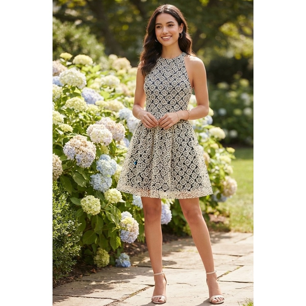 Sam Edelman Black Ivory Floral Lace Halter A-Line Cocktail Dress Size 4